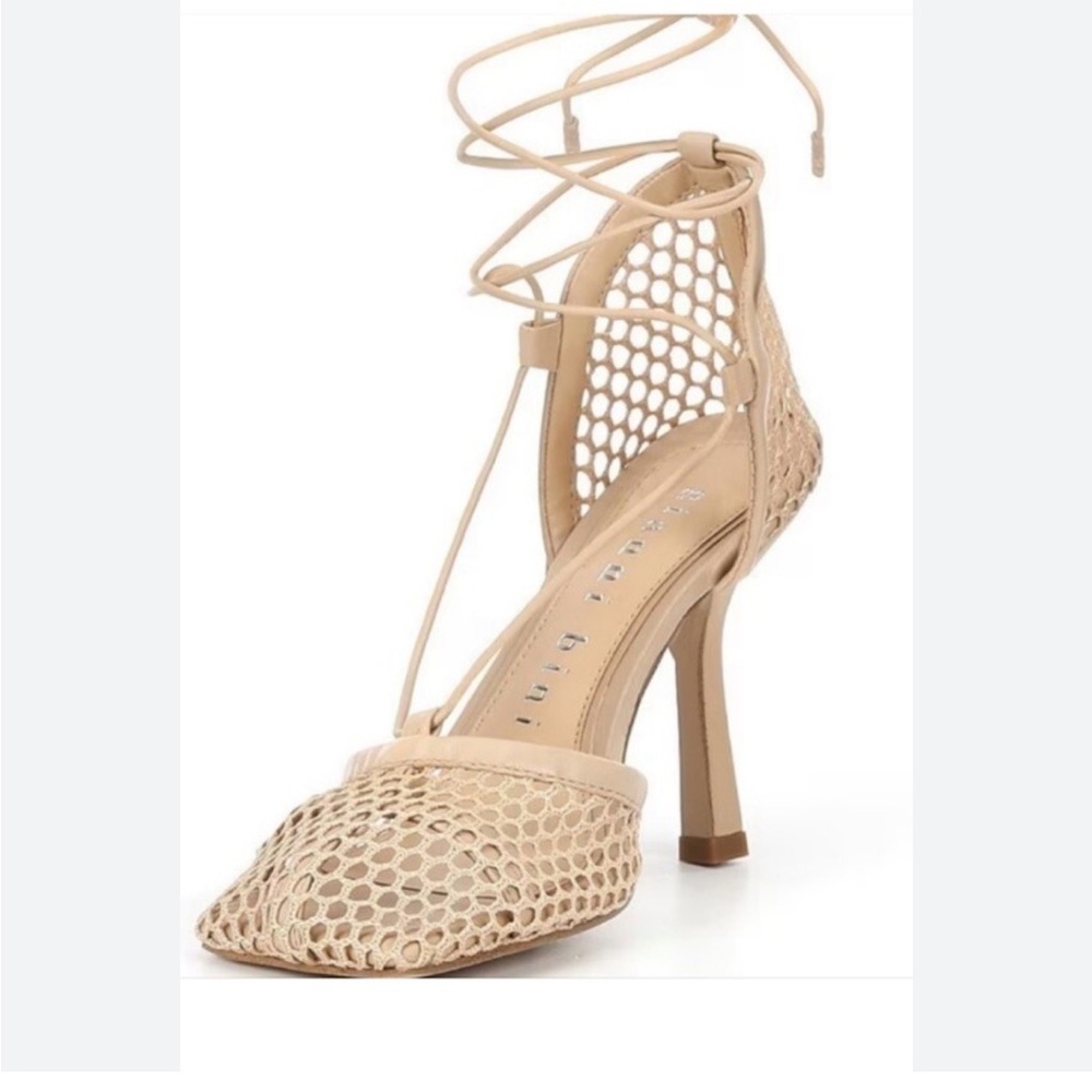 Gianni Bini “Reagan” Mesh Leather‎ Ankle Wrap Square Toe Pumps beige sz 10